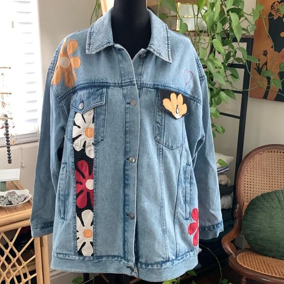 Free People Annie’s Flower Bomb Patchwork Embroidered Groovy Denim Jean Jacket